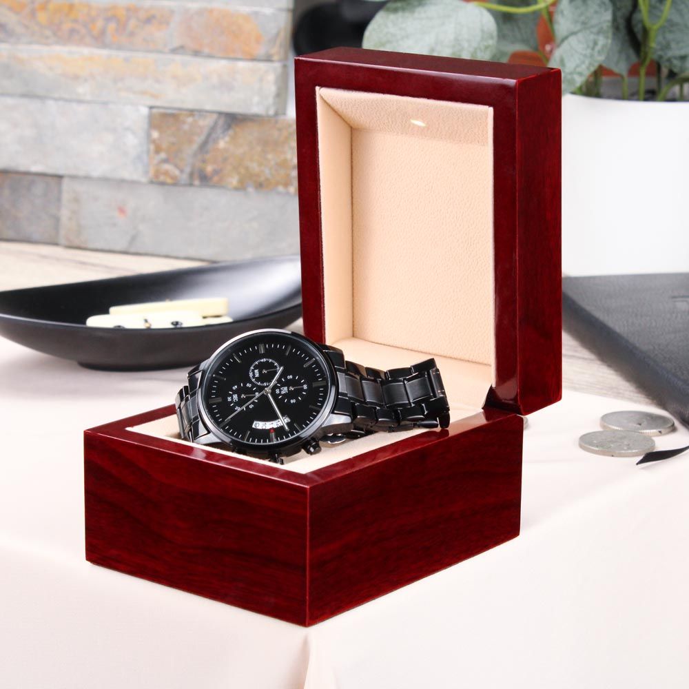 Buyer Customizable Engraved Black Chronograph Watch